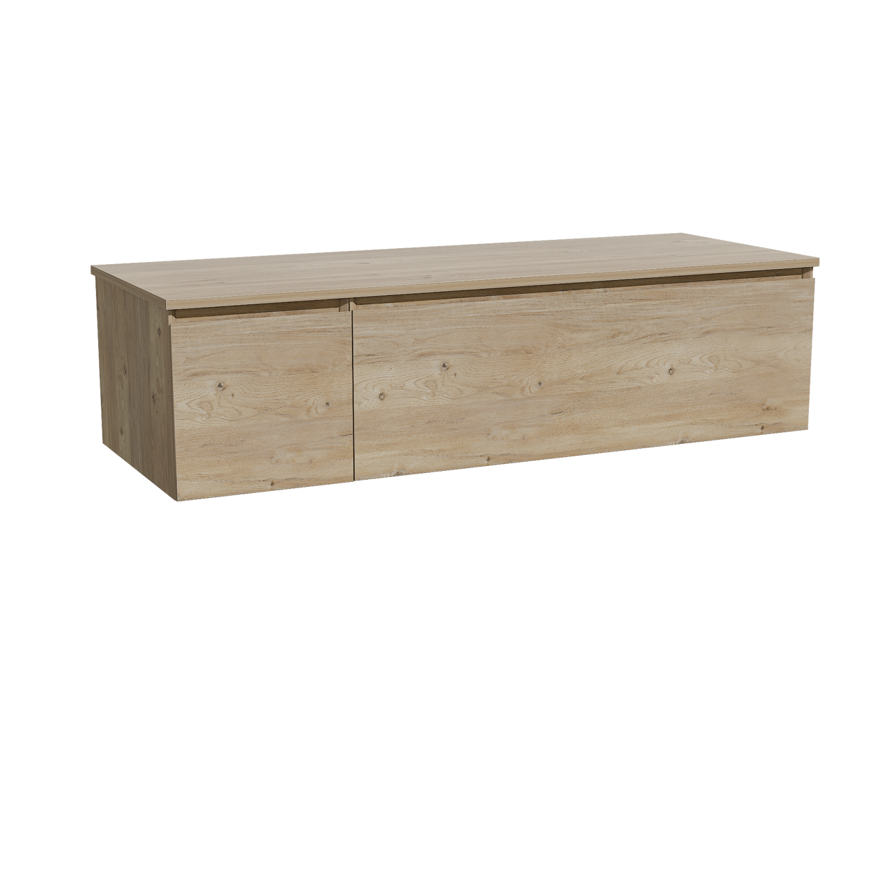 Storke Edge zwevend badkamermeubel 140 x 52 cm ruwe eik met Panton enkel of dubbel tablet in melamine ruwe eik