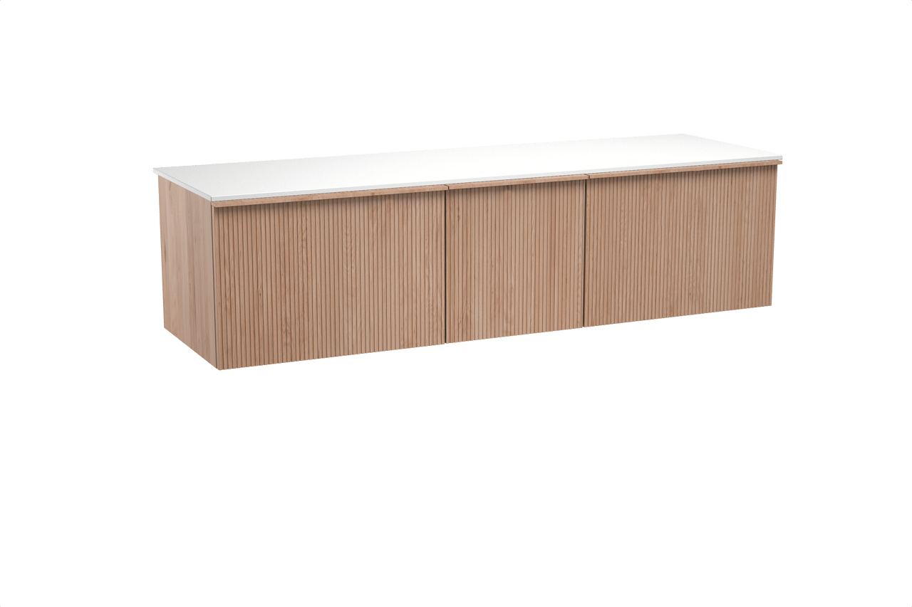 Balmani Forma meuble salle de bains suspendu 180 x 55 cm chêne naturel avec Stretto tablette simple ou double en solid surface blanc mat, Nervure droite symétrique verticale