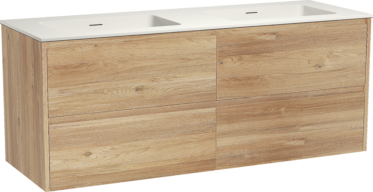 Storke Seda hängendes Möbelstück Set: 150 x 52 cm, Rohe Eiche, mit Mata Doppelwaschtisch, Solid Surface Weiß matt