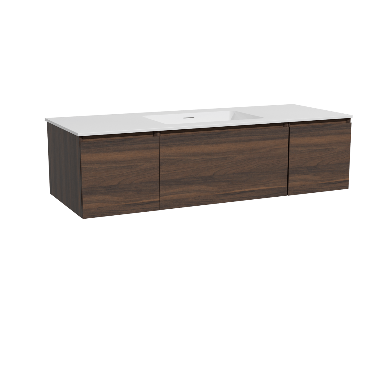 Storke Edge zwevend badkamermeubel 135 x 52 cm notelaar met Mata enkele wastafel in solid surface mat wit