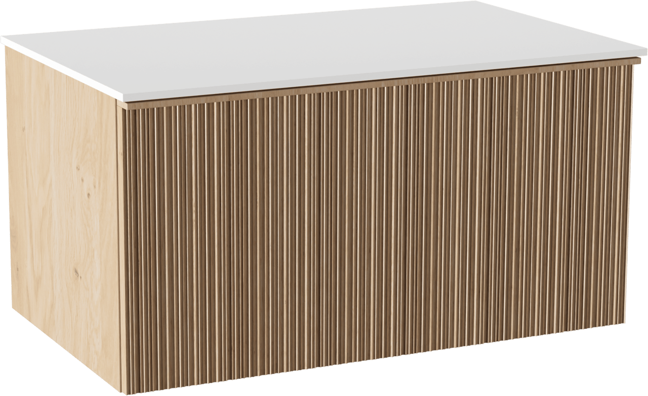 Balmani Forma meuble salle de bains suspendu 90 x 55 cm chêne naturel avec Stretto tablette simple en solid surface blanc mat, Nervure circulaire asymétrique verticale