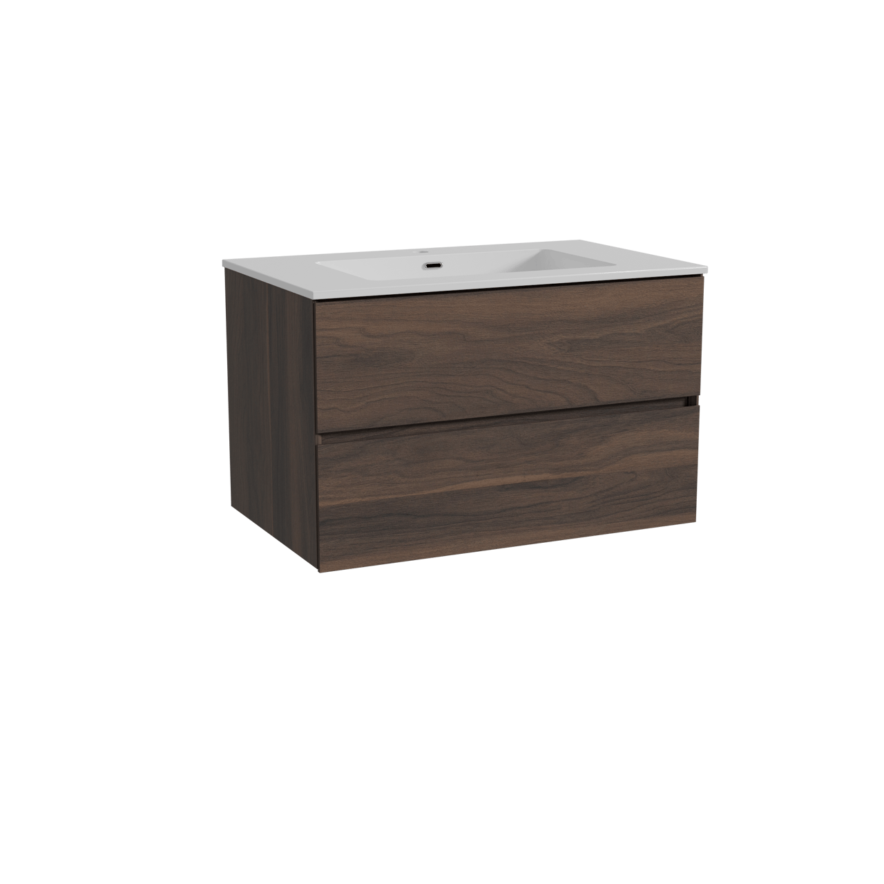 Storke Edge zwevend badkamermeubel 85 x 52 cm notelaar met Diva enkele wastafel in composietmarmer glanzend wit