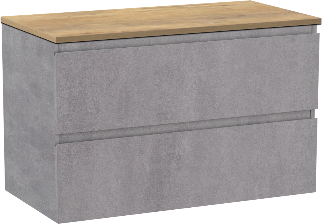 Linie Lado zwevend badmeubel 90 x 46 cm beton donkergrijs met Lado enkel wastafelblad in melamine naturel eiken