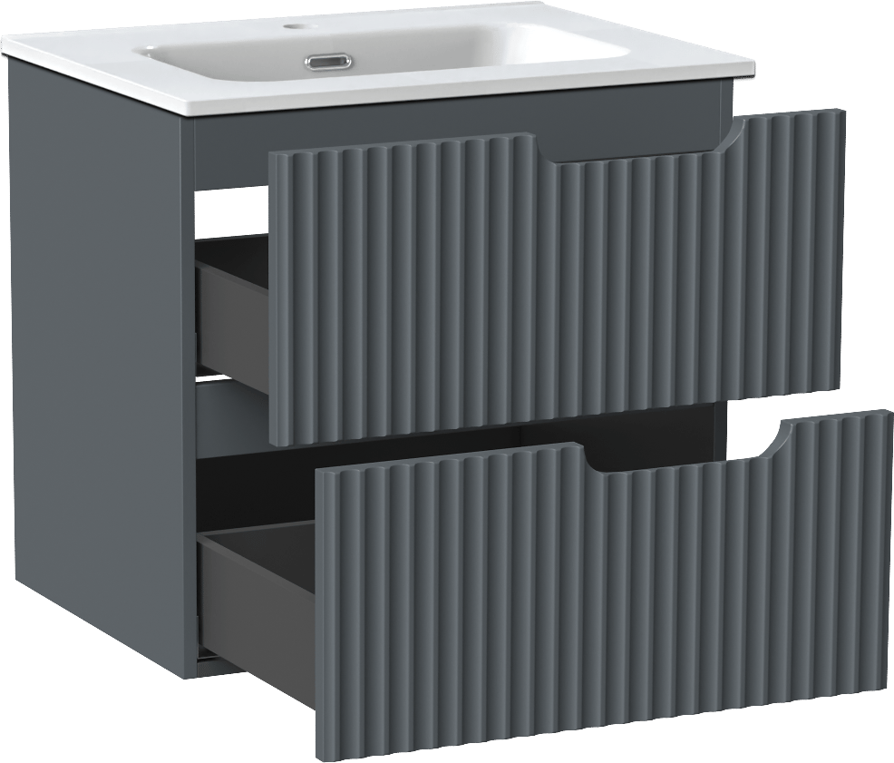 Linie Ribbo meuble salle de bains suspendu 60 x 46 cm bleu anthracite avec Baro plan simple en porcelaine blanc brillant, Nervure circulaire symétrique verticale