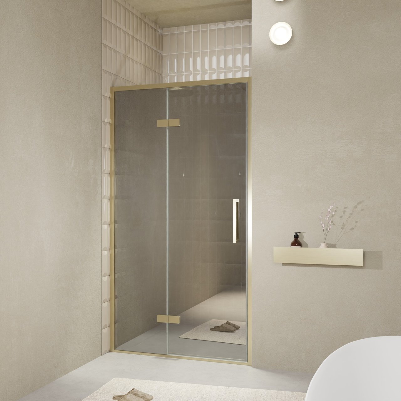 Balmani Senses Design porte pivotante à gauche 120 cm x 210 cm verre Miroir Reflex, Profil Brushed Champagne Gold, coating inclus