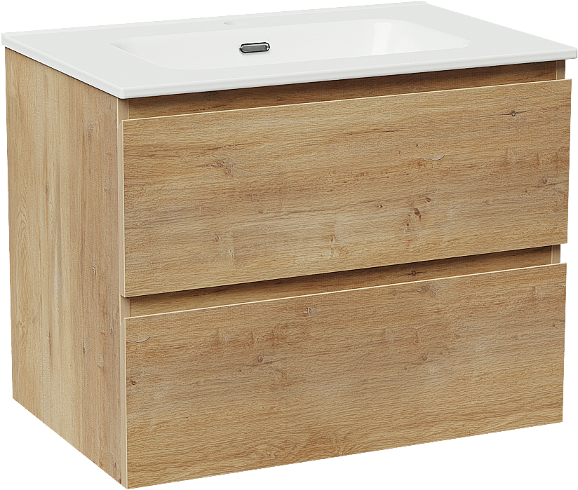 Linie Lado zwevend badkamermeubel 70 x 46 cm natuur eik met Baro enkele wastafel in porselein glanzend wit