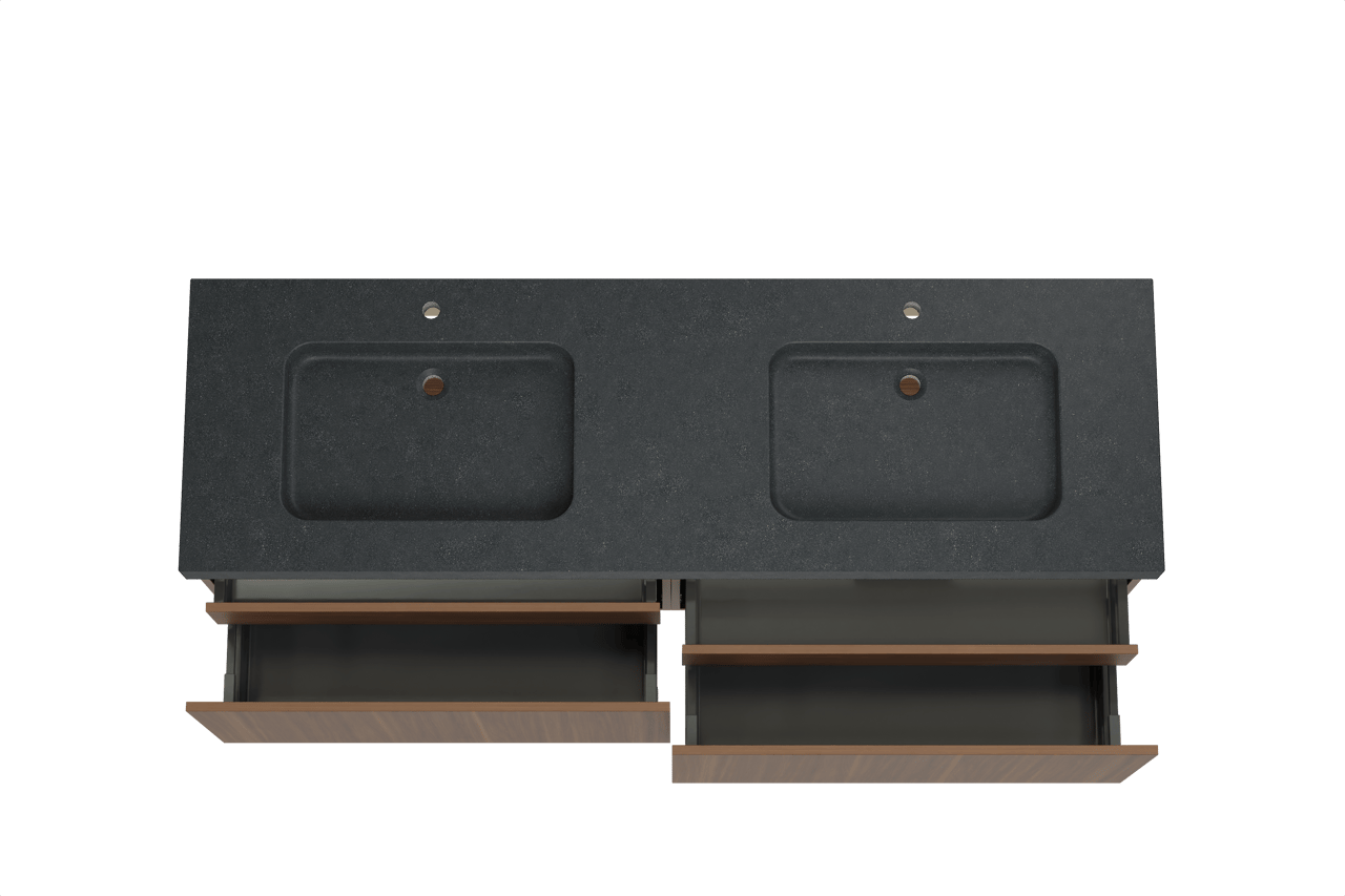 Balmani Sfera hängendes Möbelstück Set: 180 x 55 cm, Amerikanischer Nussbaum, mit Napoli Doppelwaschtisch, Schwarzes Granit