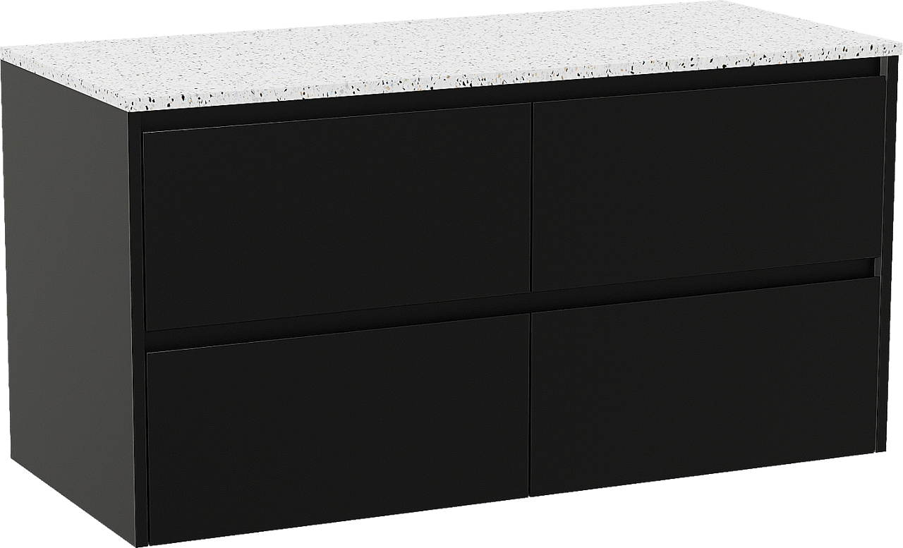 Storke Seda zwevend badmeubel 120 x 52 cm mat zwart met Tavola enkel of dubbel wastafelblad in mat wit/zwart terrazzo