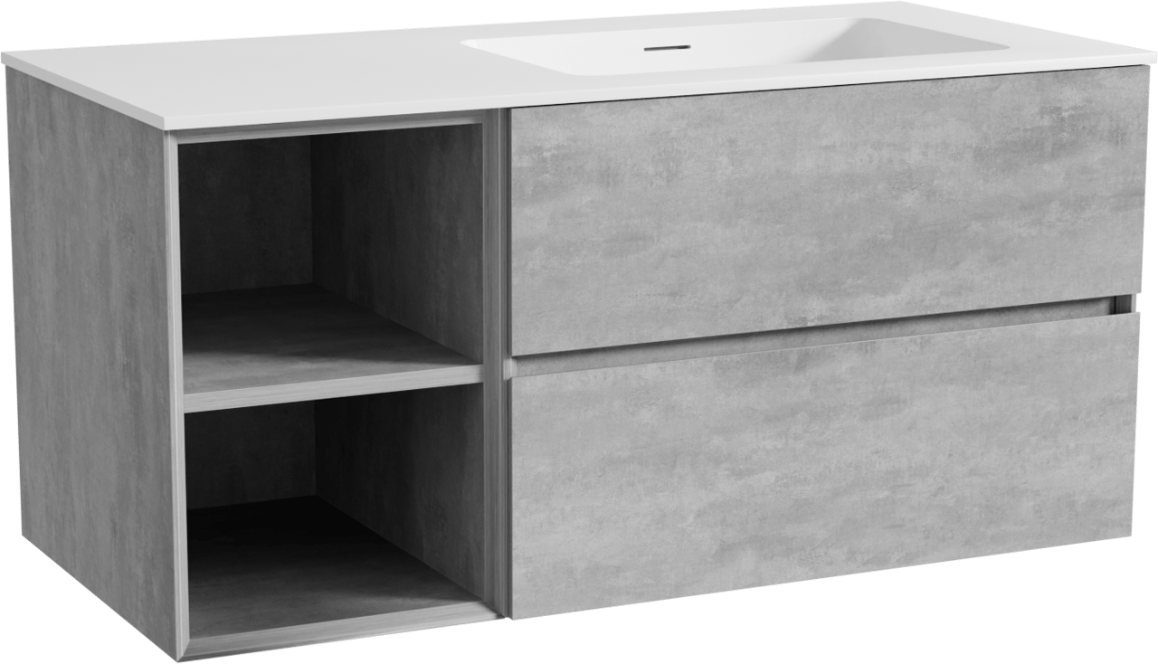 Storke Edge meuble salle de bains suspendu 110 x 52 cm béton gris foncé avec Mata plan vasque asymétrique à droite en solid surface blanc mat