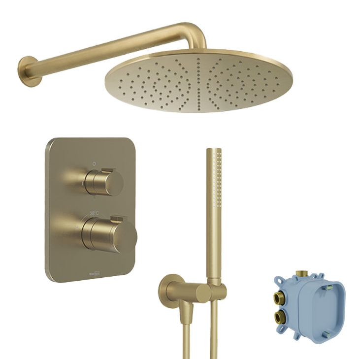 Blaufoss Smartbox Softline Thermostat-Armatur Unterputz Duschsystem mit, Rund, Duschkopf 30cm Brushed Champagne Gold