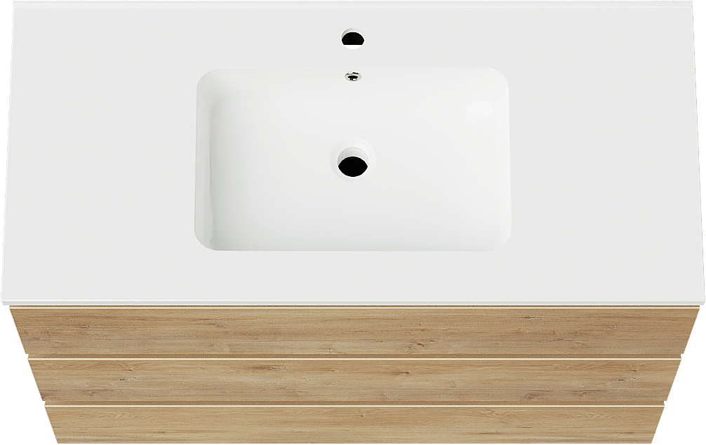 Linie Lado freistehendes Möbelstück Set: 100 x 46 cm, Naturbelassene Eiche, mit Vano Einzelwaschtisch, Marmorkomposit Weiß glänzend