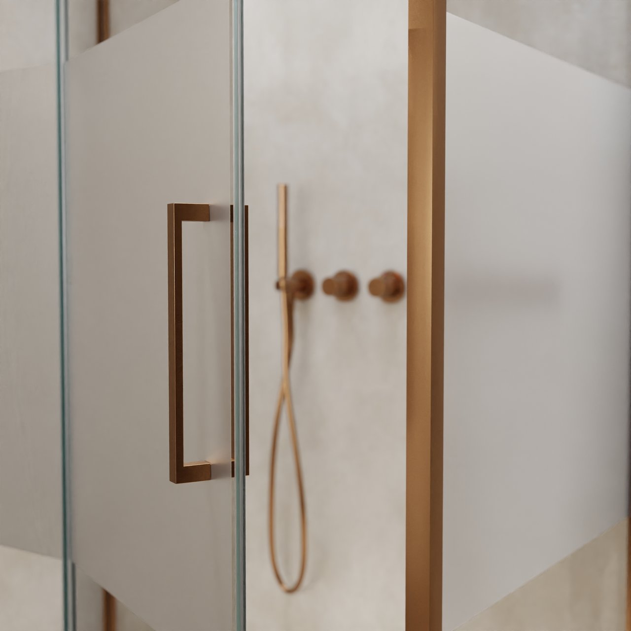 Balmani Senses Design douche en coin avec porte pivotante à gauche et paroi latérale fixe, 100 x 80 cm, Verre transparent avec bande matte, Profil Brushed Rosegold, coating inclus