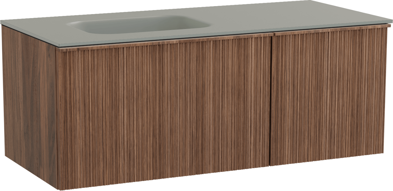 Balmani Forma zwevend badmeubel 120 x 55 cm amerikaans notenhout met Tablo Arcato asymmetrisch linkse wastafel in solid surface steengrijs, Verticale asymmetrische ronde ribbel