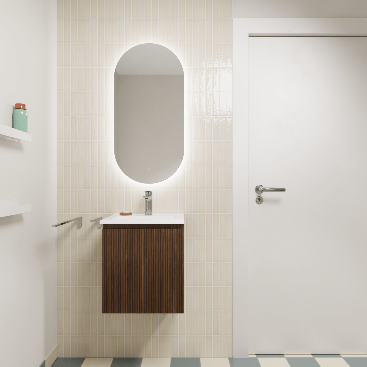 Storke Ribs hängendes Möbelstück Set: 45 x 35 cm, Nussbaum, mit Diva Einzelwaschtisch, Marmorkomposit, Weiß glänzend, Vertikale symmetrische gerade Rippe