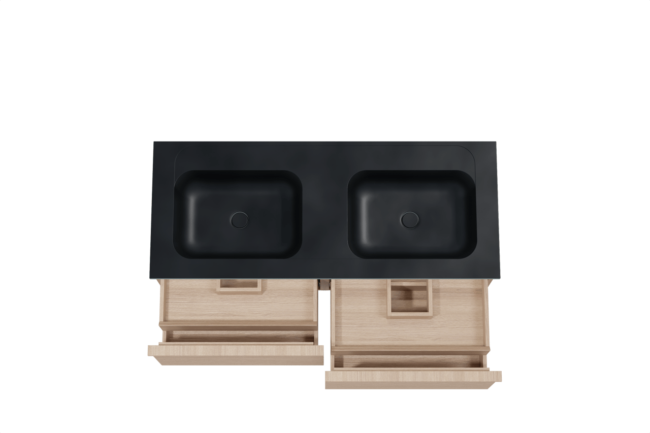 Balmani Forma meuble salle de bains suspendu 135 x 55 cm chêne naturel avec Tablo Strada double vasque en marbre composite noir mat, Nervure droite symétrique horizontale