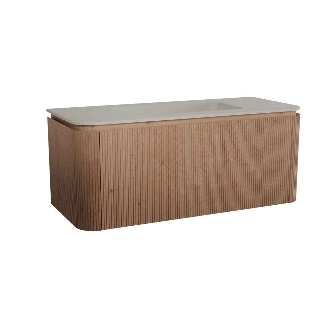 Balmani Moon hängendes Möbelstück Set: 130 x 55 cm, Naturbelassene Eiche, mit Moon Einzelwaschtisch, Top Solid, Seidengrau, Vertikale symmetrische gerade Rippe