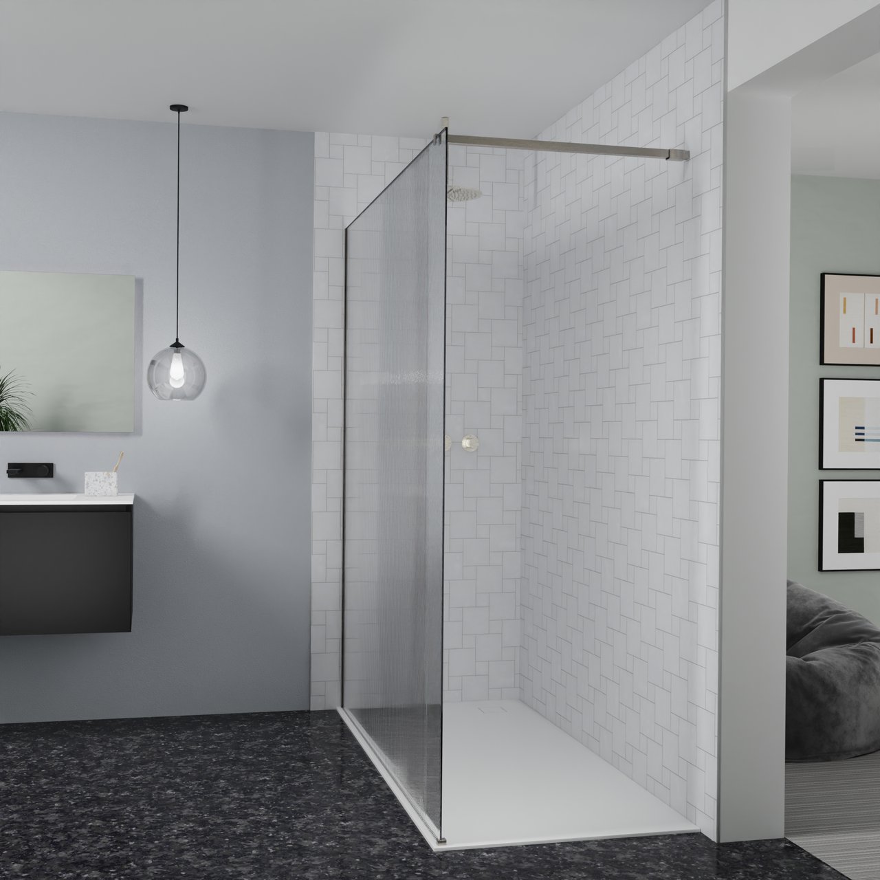 Balmani Modular Walk-In Dusche: 180 x 200 cm, Ribs, inklusive Coating, Profil Brushed CoolMetal