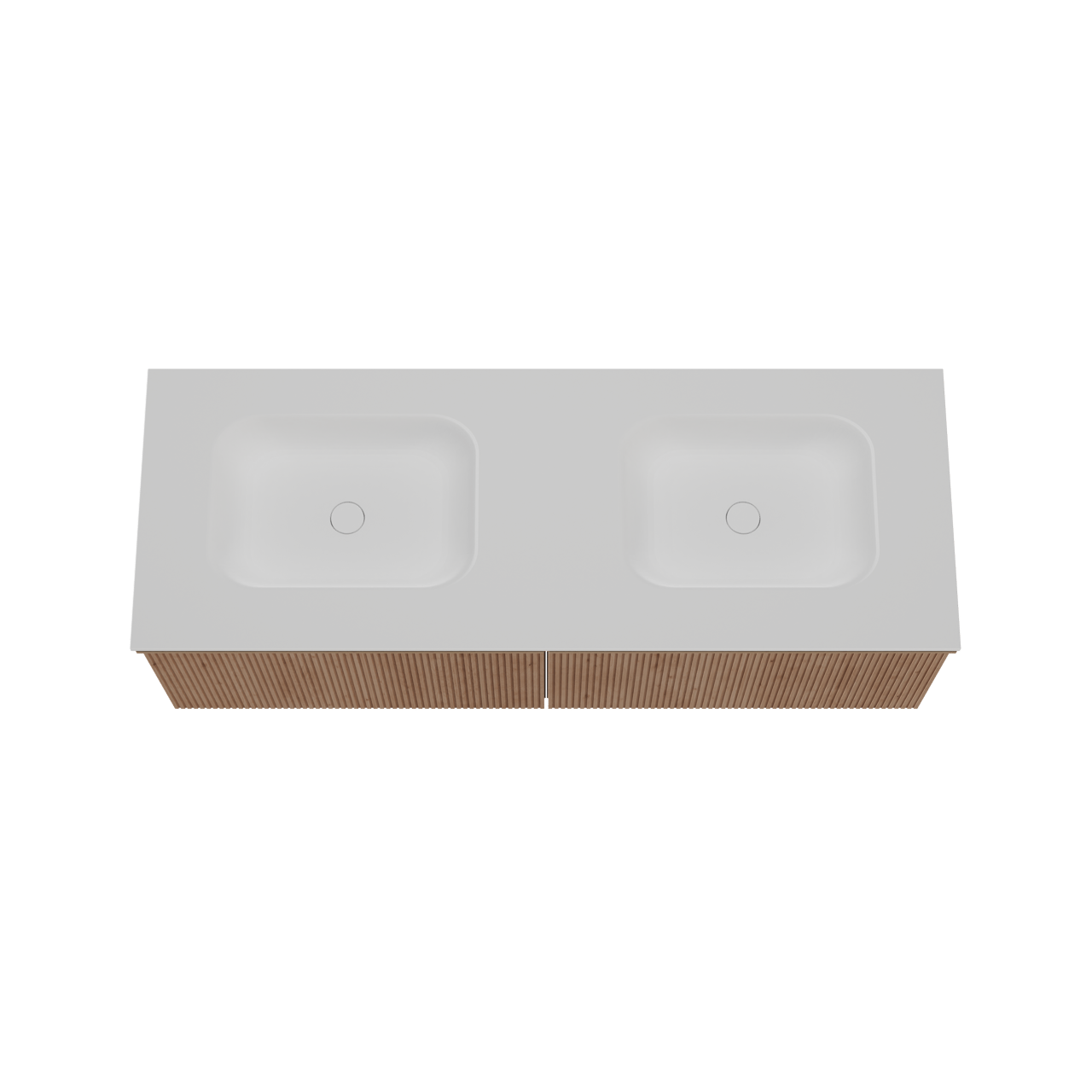 Balmani Forma zwevend badkamermeubel 150 x 55 cm natuur eik met Tablo Arcato dubbele wastafel in solid surface mat wit, Verticale symmetrische rechte ribbel