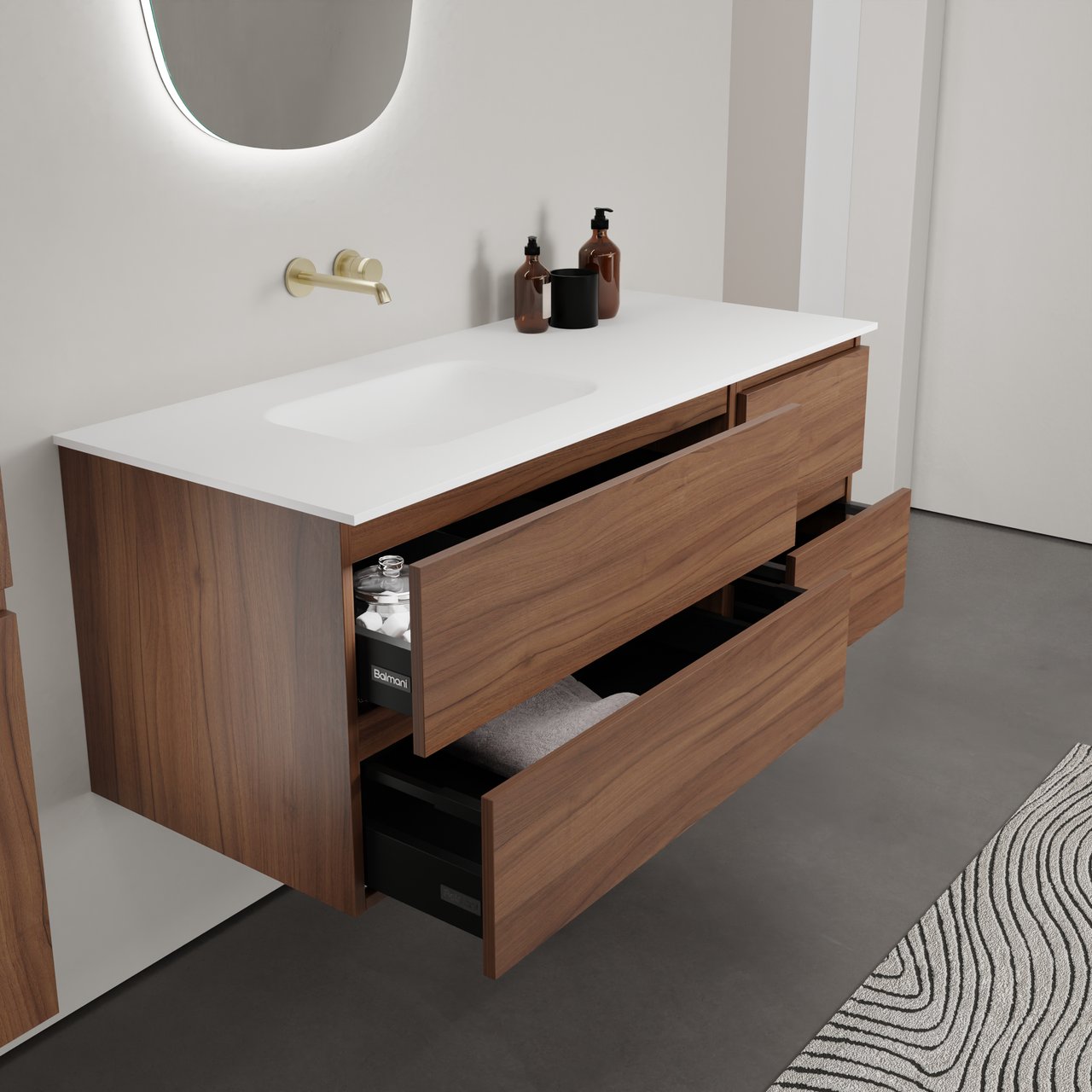 Balmani Lucida hängendes Möbelstück Set: 135 x 55 cm, Amerikanischer Nussbaum, mit Tablo Arcato Waschtisch links, Solid Surface Weiß matt