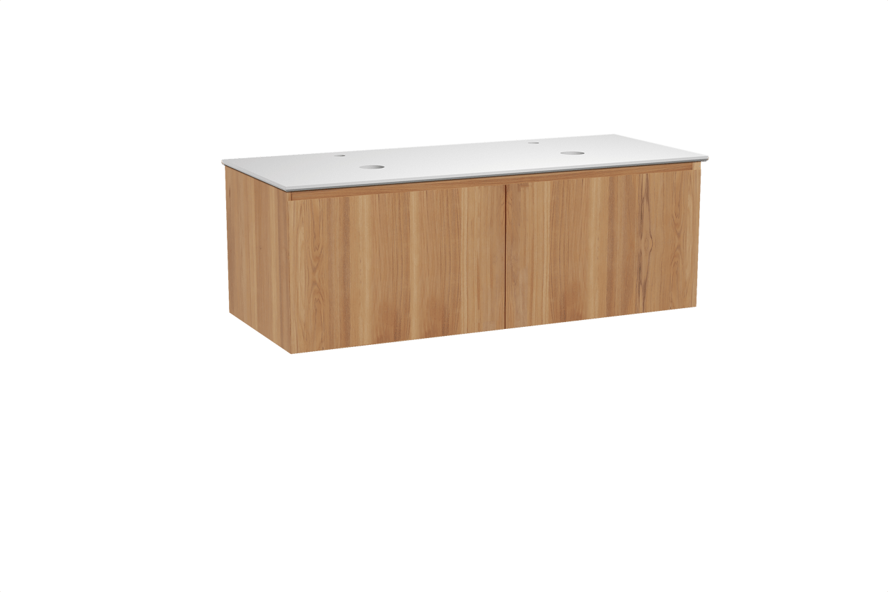 Balmani Idra hängendes Möbelstück Set: 135 x 55 cm, Teak, mit Facetta Doppel Waschtischplatte, Solid Surface Weiß matt