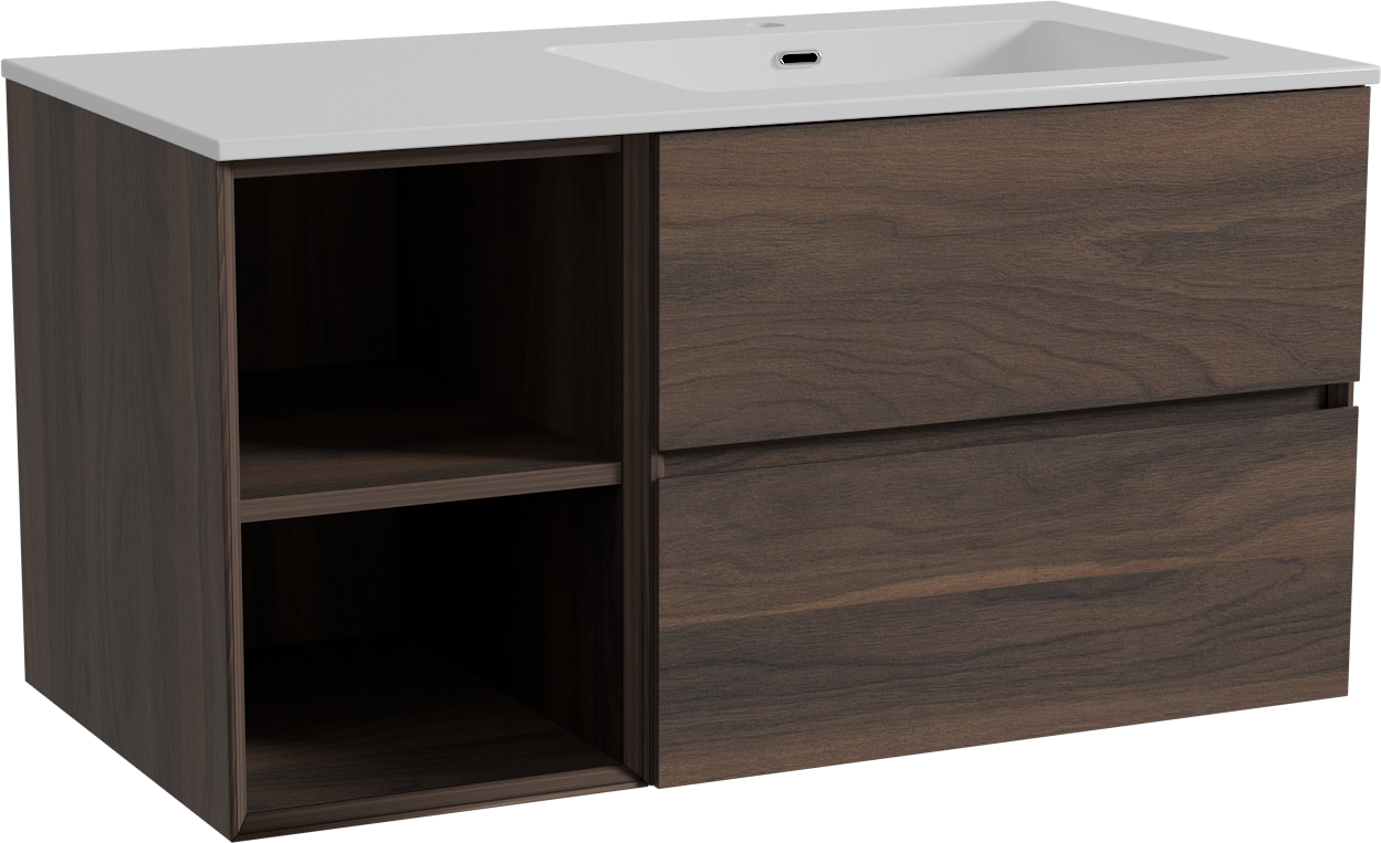 Storke Edge meuble salle de bains suspendu 100 x 52 cm noyer avec Diva plan vasque asymétrique à droite en marbre composite blanc brillant