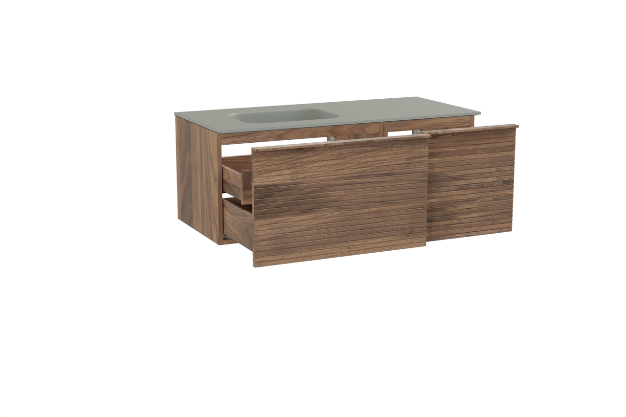 Balmani Forma meuble salle de bains suspendu 120 x 55 cm noyer américain avec Tablo Arcato plan vasque asymétrique à gauche en solid surface gris pierre, Nervure droite symétrique horizontale