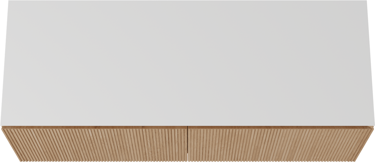 Balmani Eclips hängendes Möbelstück Set: 150 x 55 cm, Eiche Natur, mit Eclips Einzel- oder Doppel Waschtischplatte Solid Surface Weiβ matt, Vertikale symmetrische gerade Rippe