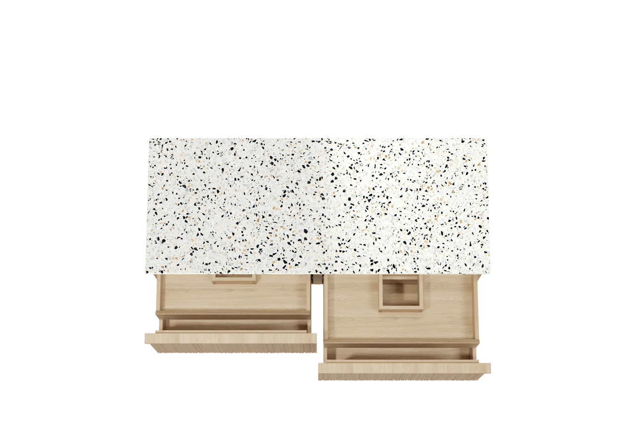 Balmani Forma zwevend badmeubel 135 x 55 cm naturel eiken met Stretto enkel of dubbel wastafelblad in mat wit/zwart terrazzo, Verticale asymmetrische ronde ribbel
