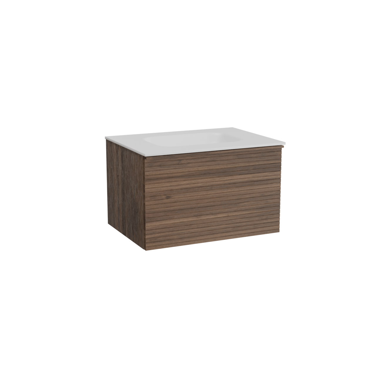 Balmani Forma hängendes Möbelstück Set: 75 x 55 cm, Amerikanischer Nussbaum, mit Tablo Arcato Einzelwaschtisch, Solid Surface, Weiß matt, Horizontale symmetrische gerade Rippe