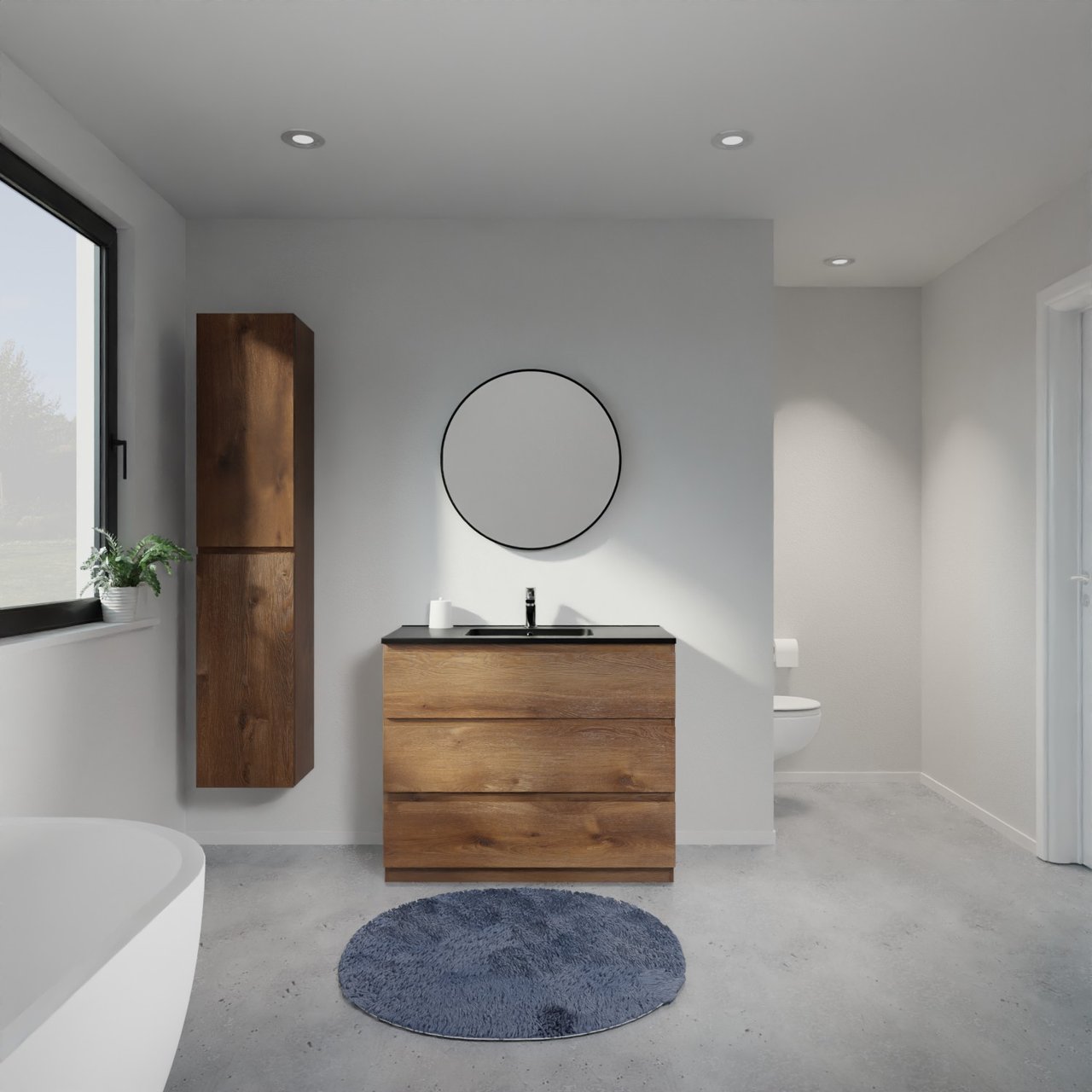 Linie Lado staand badkamermeubel 100 x 46 cm bruine eik met Vano enkele wastafel in composietmarmer mat zwart