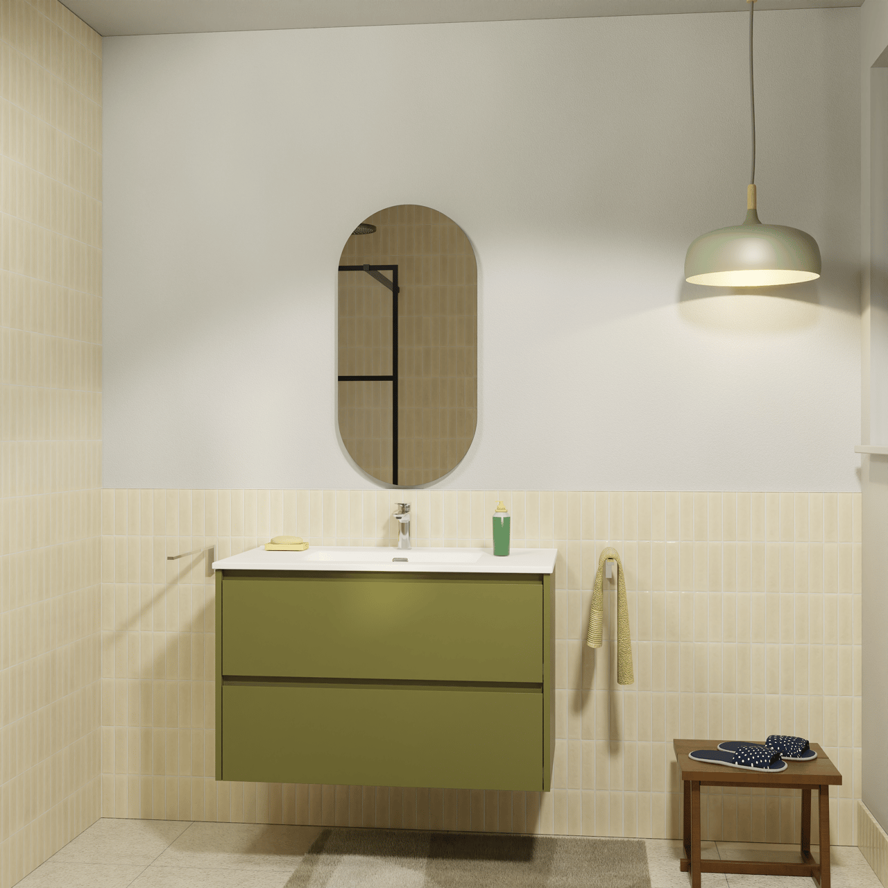 Storke Seda meuble salle de bains suspendu 95 x 52 cm vert olive avec Kera double vasque en céramique blanc brillant, bonde incluse et Soto miroir