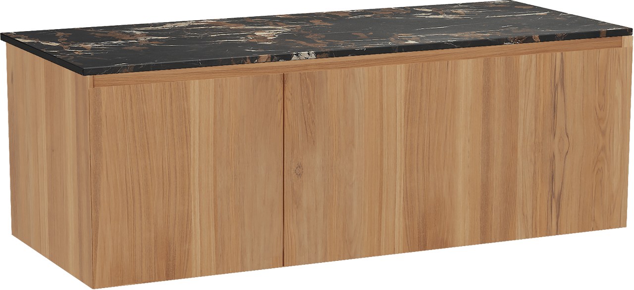 Balmani Idra hängendes Möbelstück Set: 135 x 55 cm, Teak, mit Stretto Einzel- oder Doppel Waschtischplatte, Marmor Portoro Gold