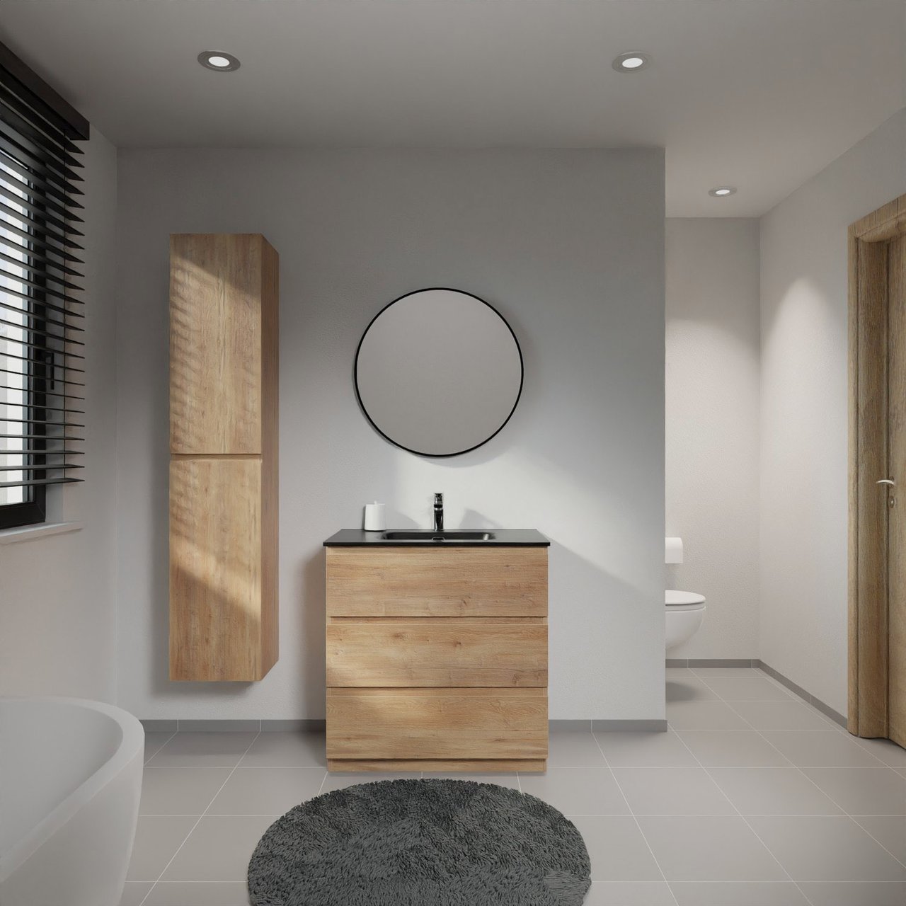 Linie Lado freistehendes Möbelstück Set: 80 x 46 cm, Naturbelassene Eiche, mit Baro Einzelwaschtisch, Porzellan Schwarz matt