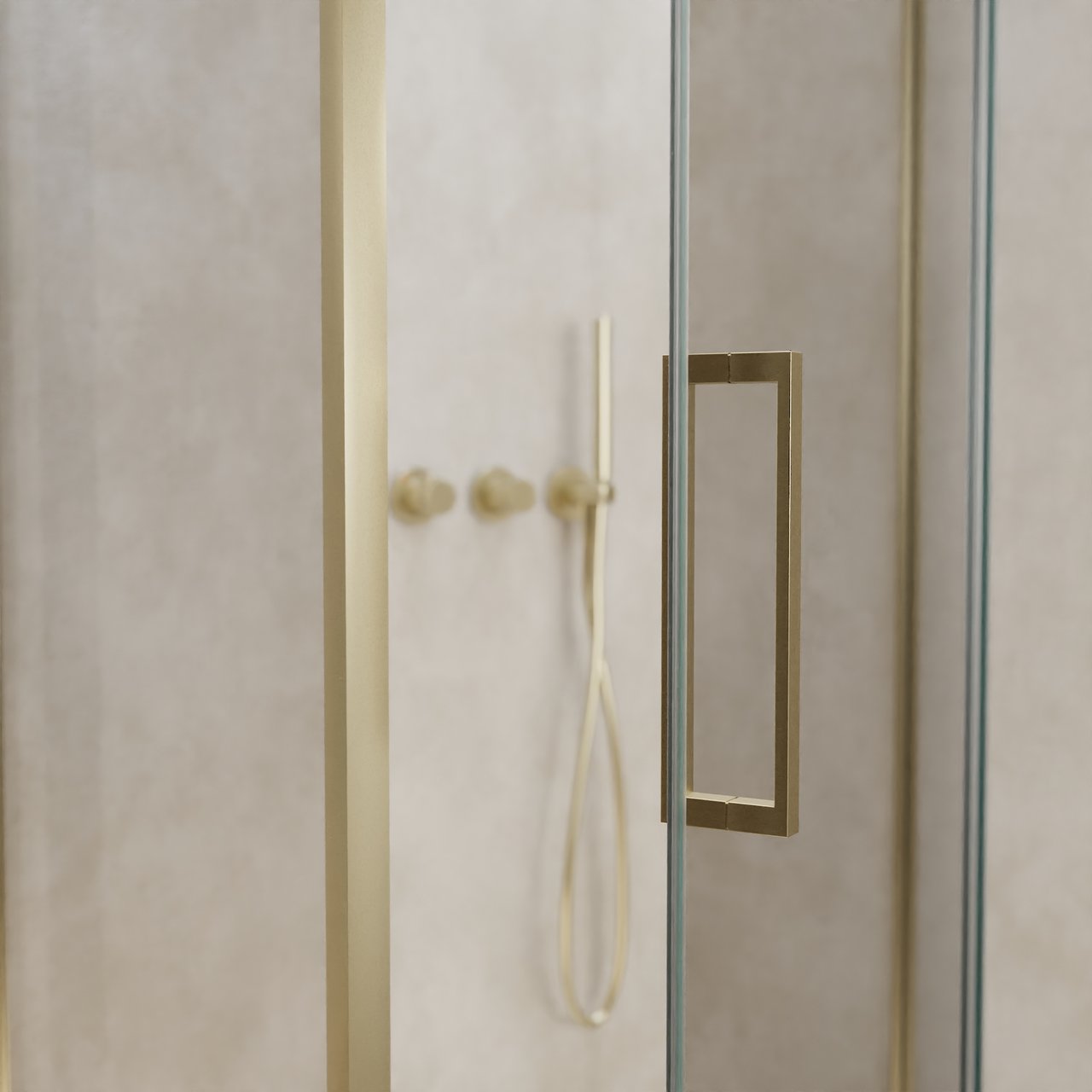 Balmani Senses Design Eckdusche: Drehtür (Rechts) mit fixierte Seitenwand, 100 x 70 cm, Klarglas, Profil Brushed Champagner Gold, inklusive Coating