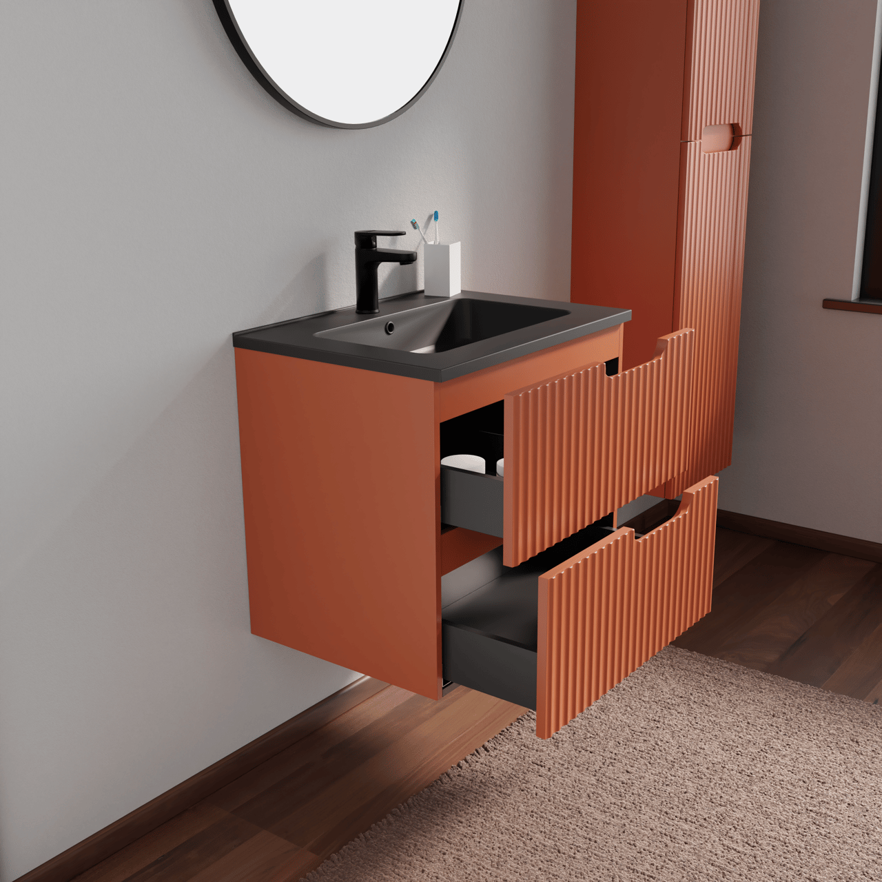 Linie Ribbo meuble salle de bains suspendu 60 x 46 cm cotto avec Vano plan simple en marbre composite noir mat, Nervure circulaire symétrique verticale