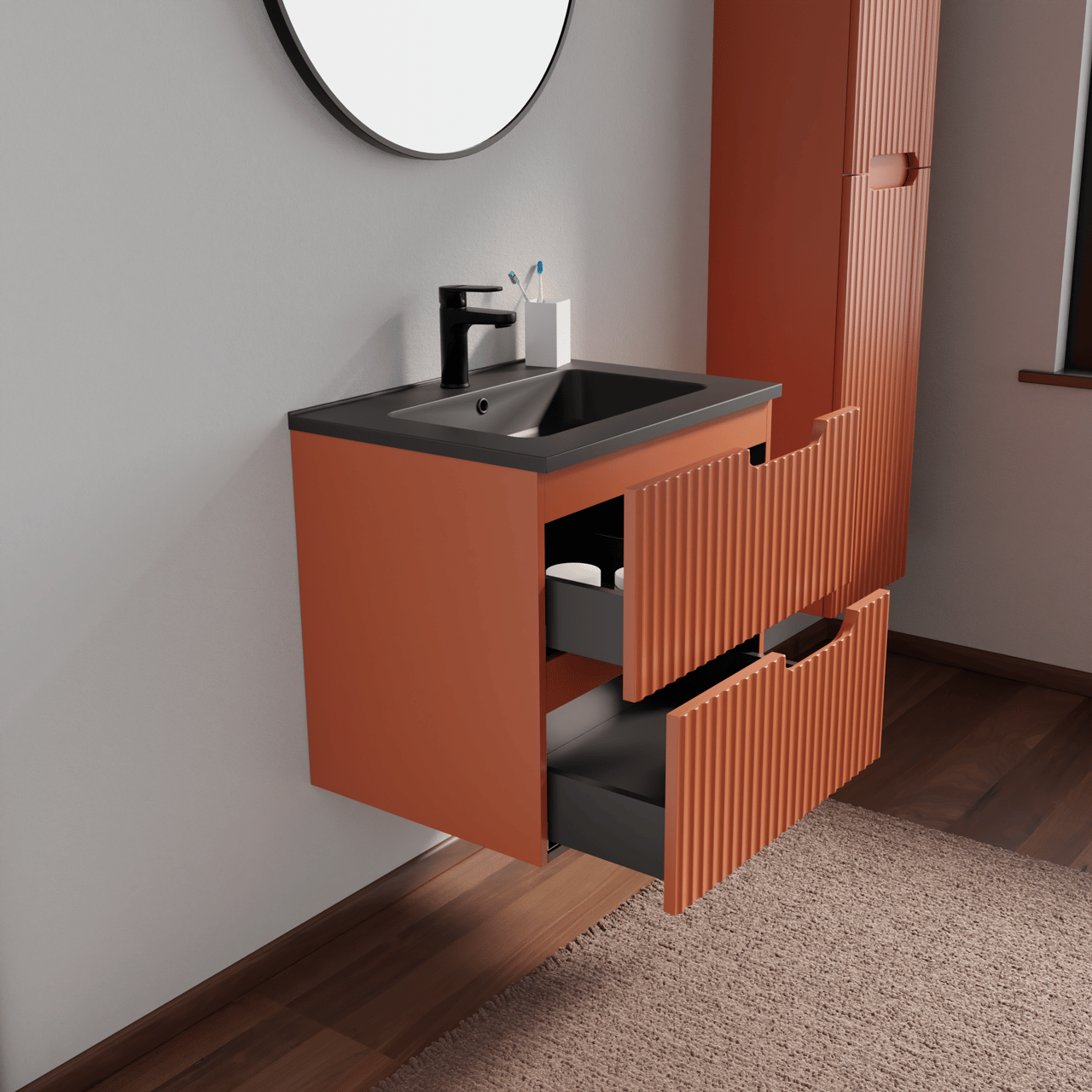 Linie Ribbo hängendes Möbelstück Set: 60 x 46 cm, Cotto, mit Vano Einzelwaschtisch, Marmorkomposit, Schwarz matt, Vertikale symmetrische runde Rippe