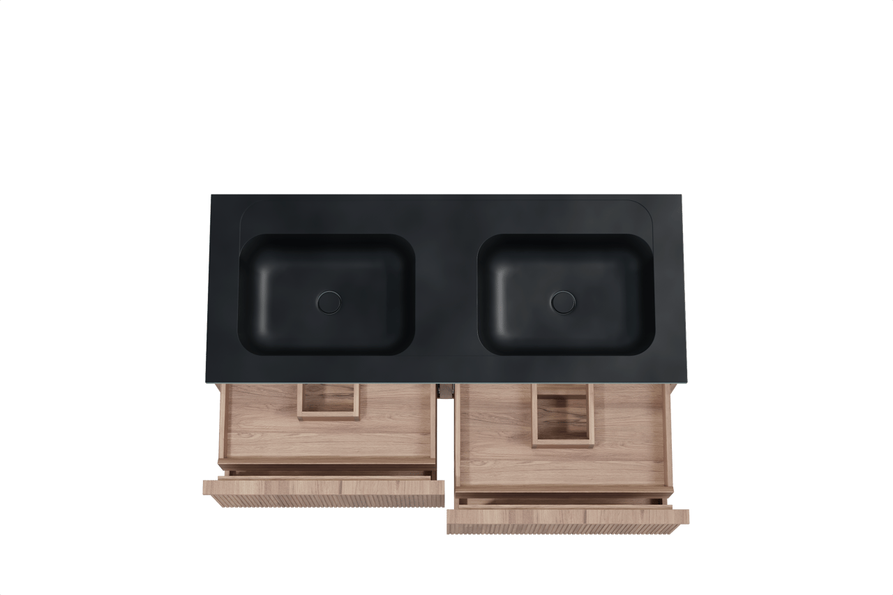 Balmani Forma hängendes Möbelstück Set: 135 x 55 cm, Teak, mit Tablo Strada Doppelwaschtisch, Marmorkomposit, Schwarz matt, Vertikale symmetrische gerade Rippe