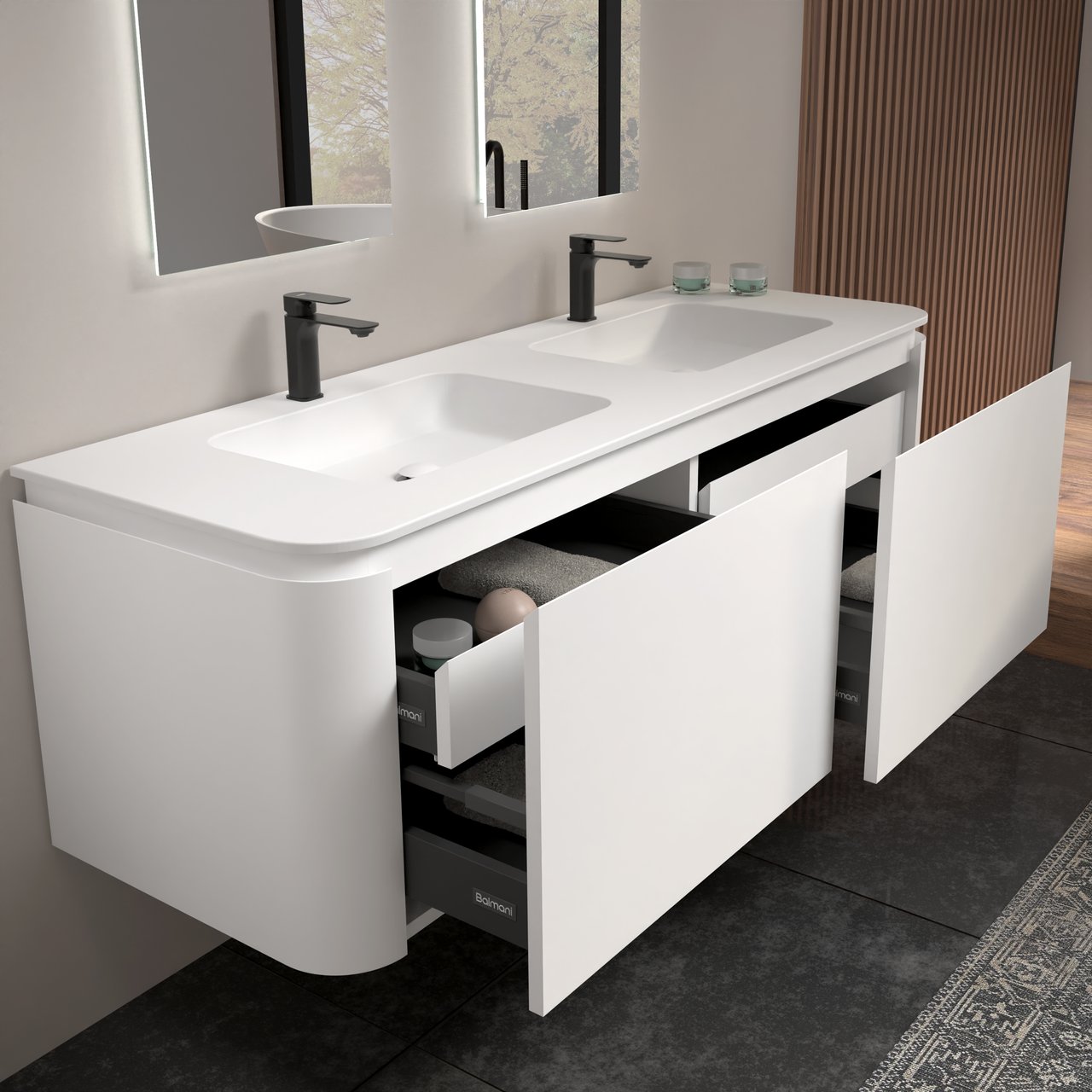 Balmani Moon zwevend badmeubel 160 x 55 cm mat wit met Moon dubbele wastafel in solid surface mat wit