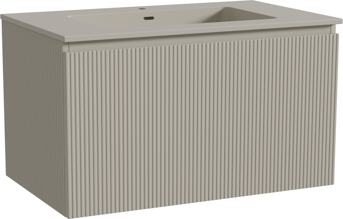 Storke Ribs zwevend badmeubel 85 x 52 cm zijdegrijs met Diva enkele wastafel in top solid zijdegrijs, Verticale symmetrische rechte ribbel