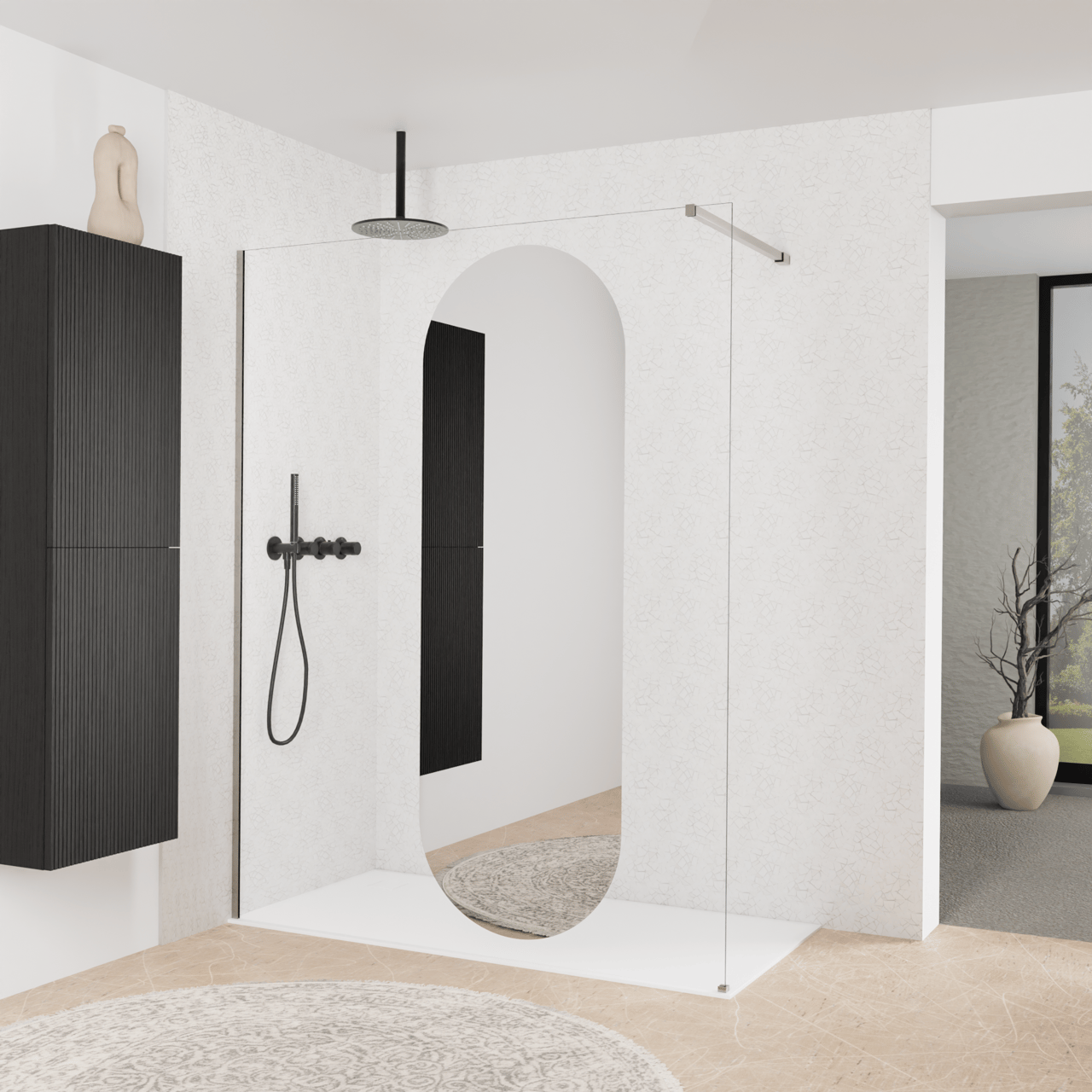 Balmani Modular inloopdouche: 160 x 200 cm, Reflex ovaal spiegelglas, Brushed Inox profielen