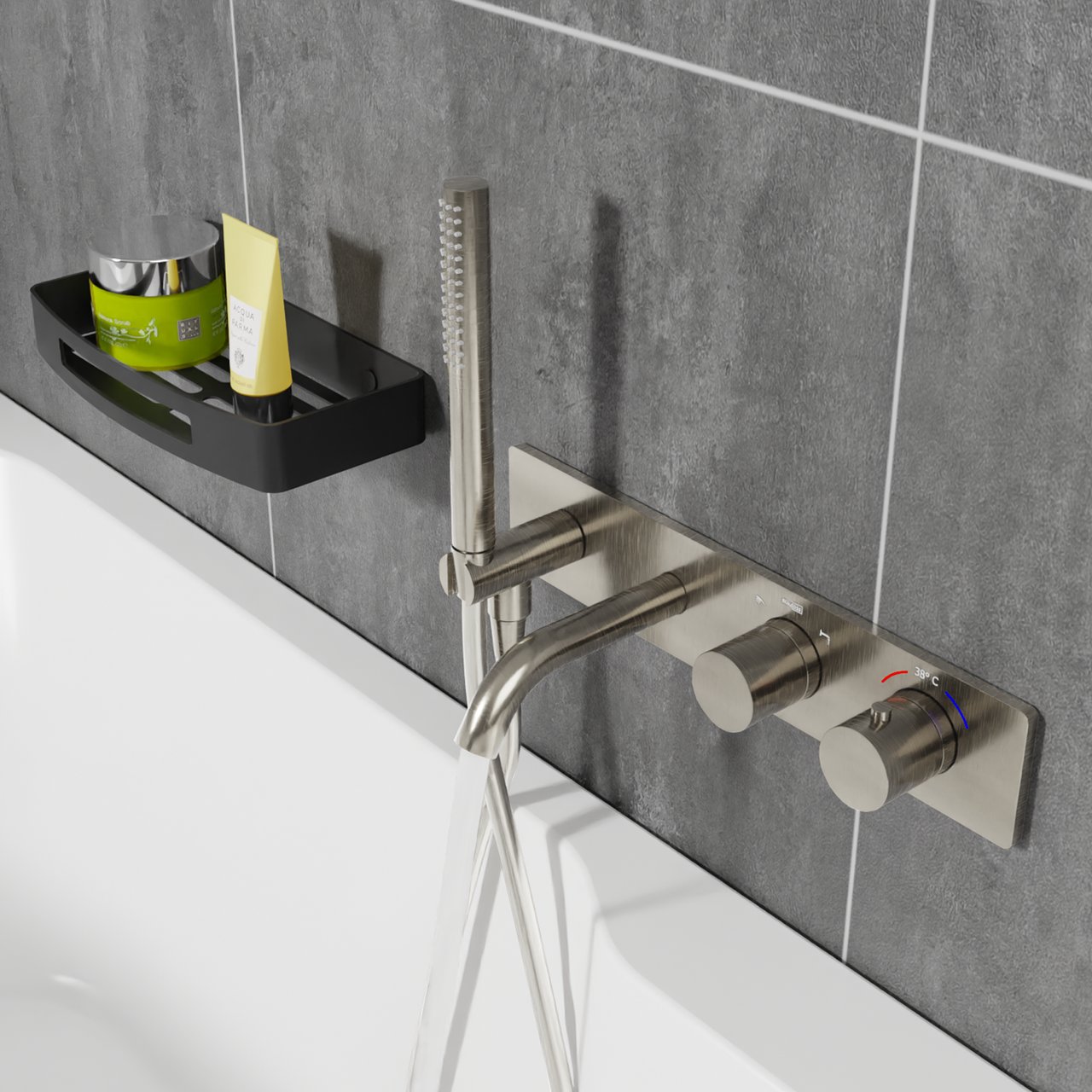 Blaufoss Round inbouw badkraan thermostatisch met handdouche Brushed Coolmetal incl. inbouwelement