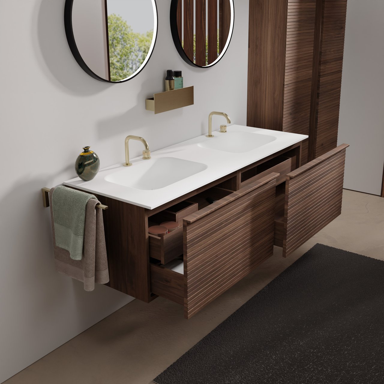 Balmani Forma meuble salle de bains suspendu 150 x 55 cm noyer américain avec Tablo Arcato double vasque en solid surface blanc mat, Nervure droite symétrique horizontale