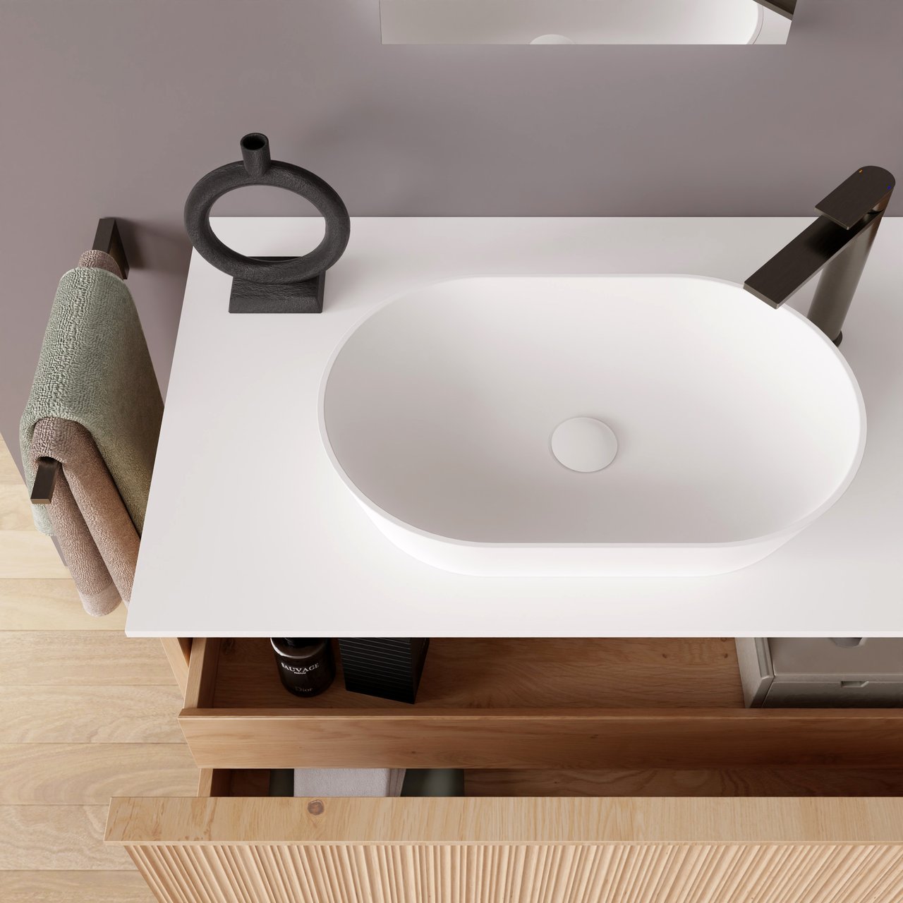 Balmani Forma zwevend badkamermeubel 180 x 55 cm natuur eik met Stretto enkel of dubbel tablet in solid surface mat wit, Verticale asymmetrische ronde ribbel