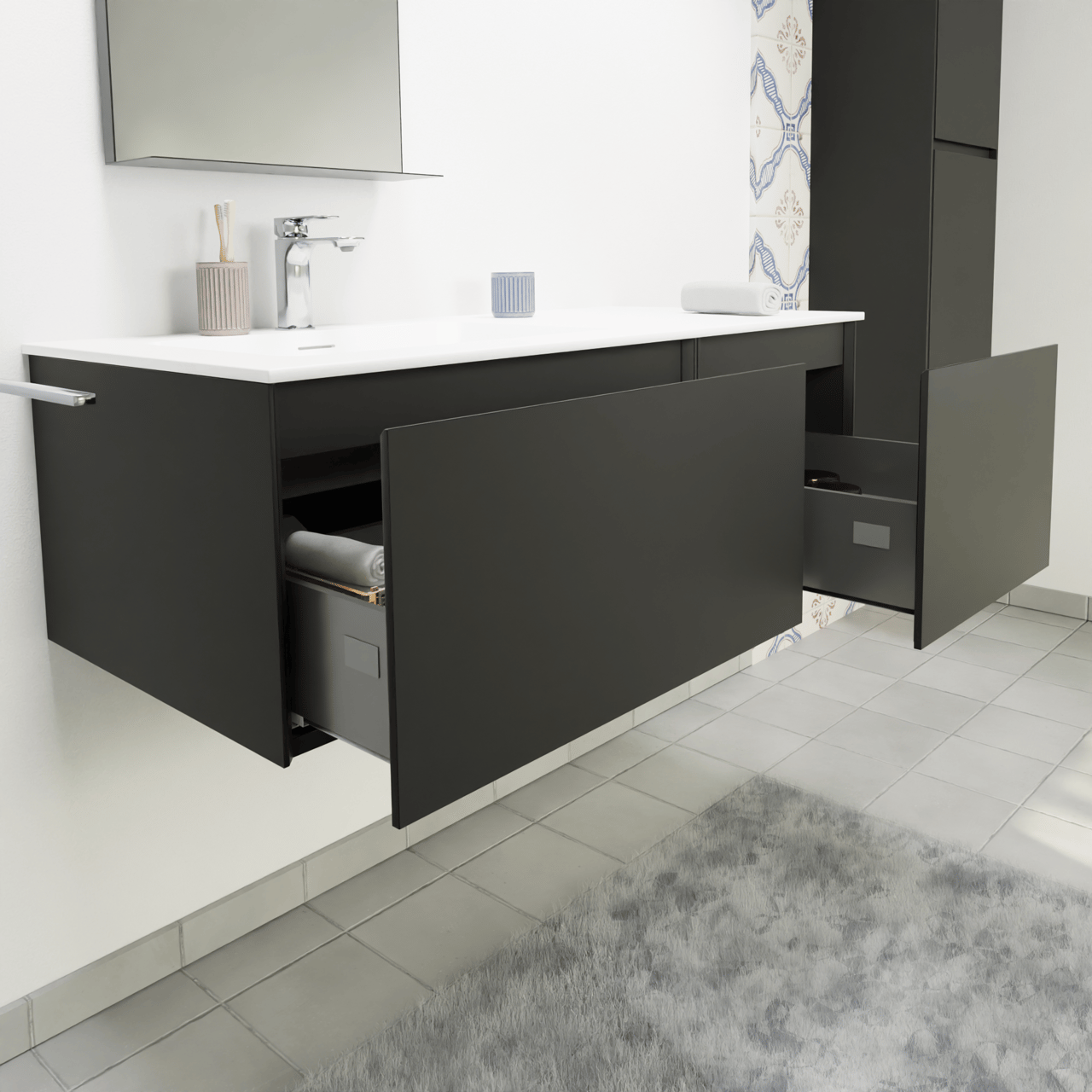 Storke Edge hängendes Möbelstück Set: 110 x 52 cm, Schwarz matt, mit Mata Waschtisch links, Solid Surface Weiß matt