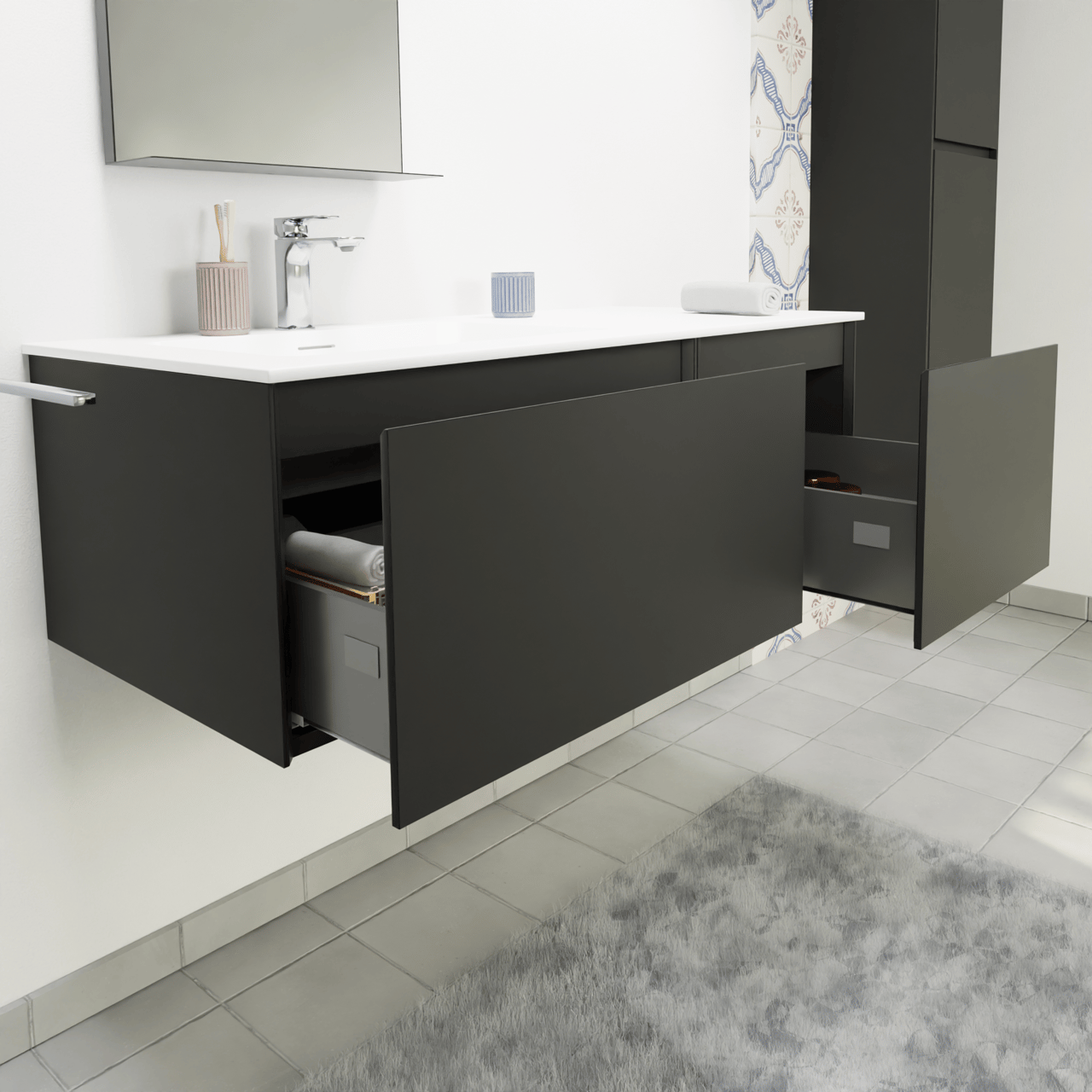 Storke Edge meuble salle de bains suspendu 110 x 52 cm noir mat avec Mata plan vasque asymétrique à gauche en solid surface blanc mat