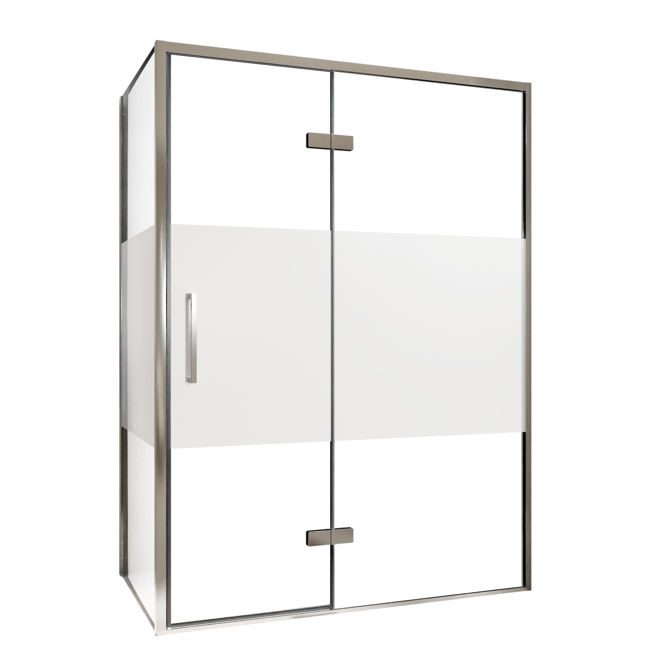 Balmani Senses Design Eckdusche: Drehtür (Rechts) mit fixierte Seitenwand, 140 x 90 cm, Klarglas mit mattiertem Streifen, Profil Chrom