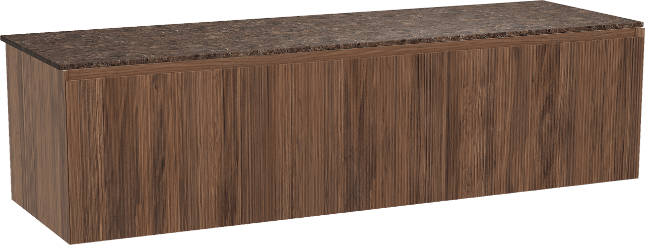 Balmani Fila zwevend badkamermeubel 180 x 55 cm notelaar met Stretto enkel of dubbel tablet in marmer dark emperador, Verticale symmetrische rechte ribbel