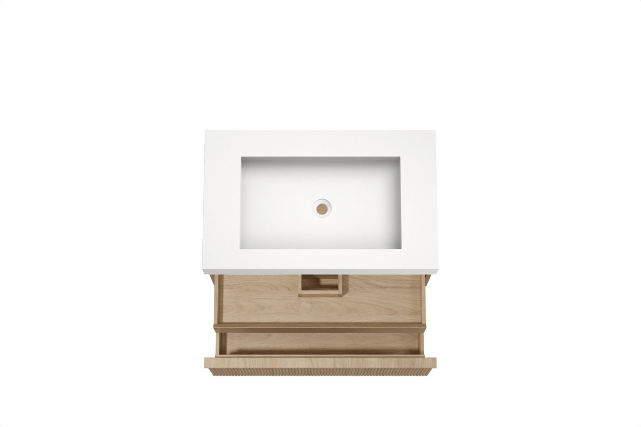 Balmani Forma meuble salle de bains suspendu 90 x 55 cm chêne naturel avec Modus plan simple en solid surface blanc mat, Nervure droite symétrique verticale