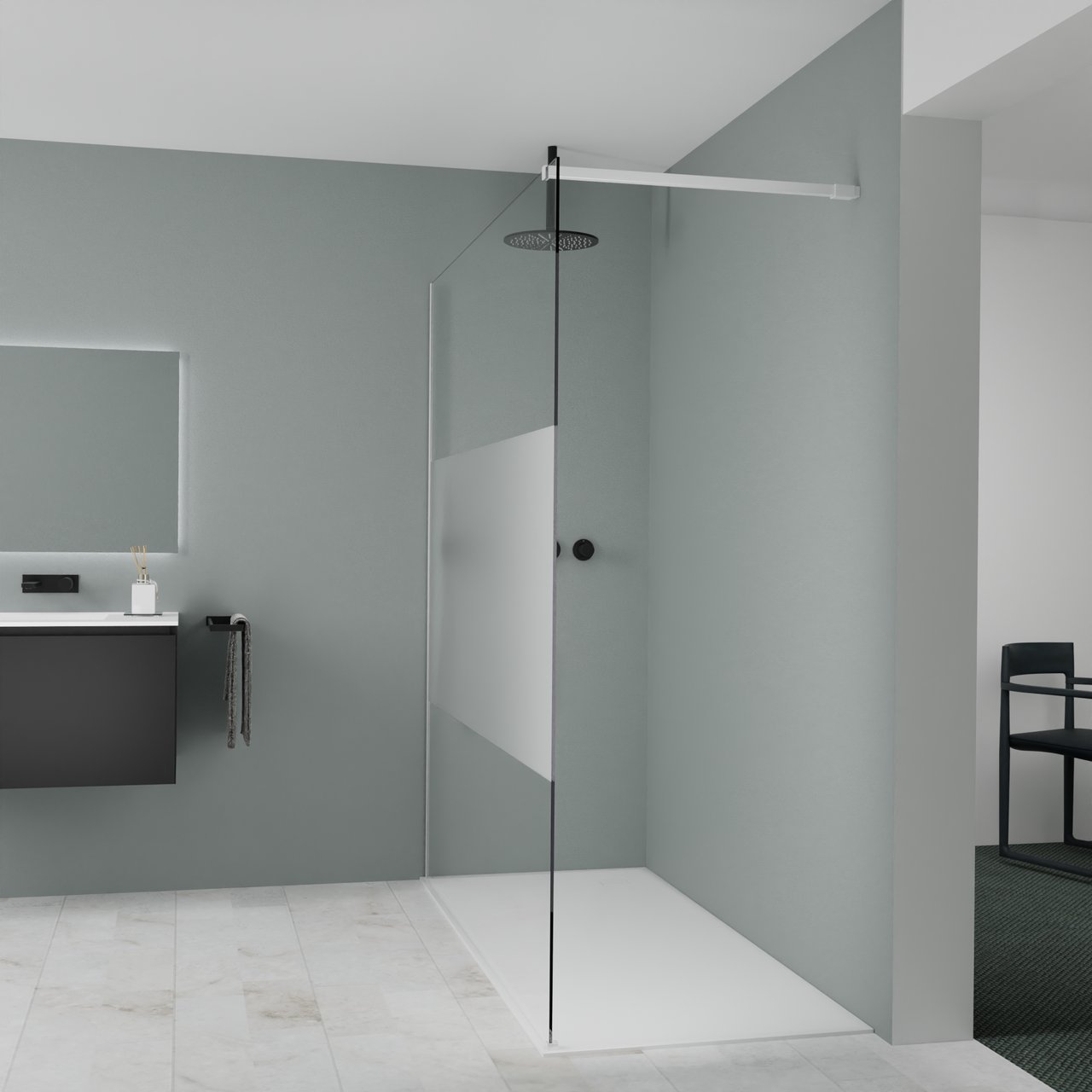 Balmani Modular Walk-In Dusche: 180 x 200 cm, Klarglas mit mattiertem Streifen, Profil Weiß matt