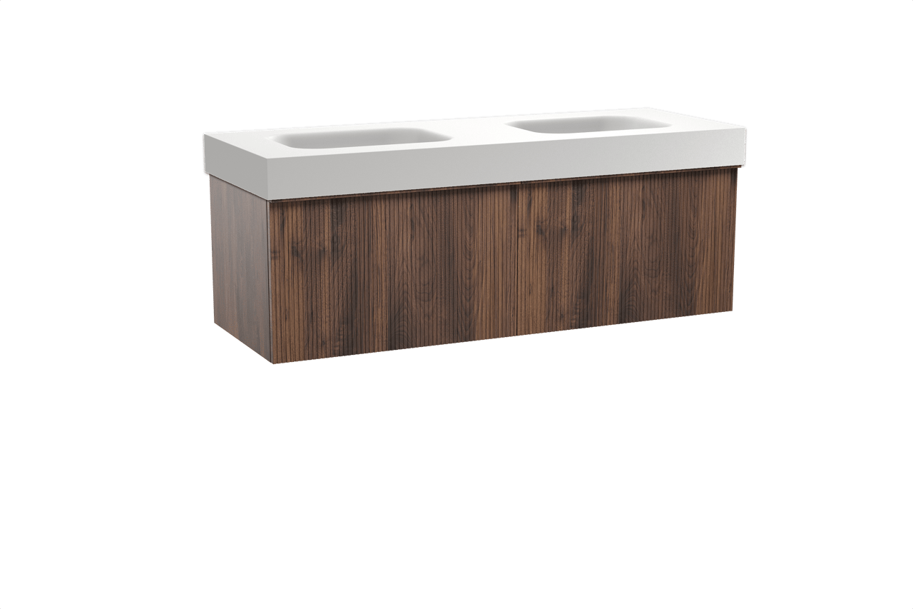 Balmani Forma hängendes Möbelstück Set: 150 x 55 cm, Amerikanischer Nussbaum, mit Arcato Doppelwaschtisch, Solid Surface, Weiß matt, Vertikale symmetrische gerade Rippe